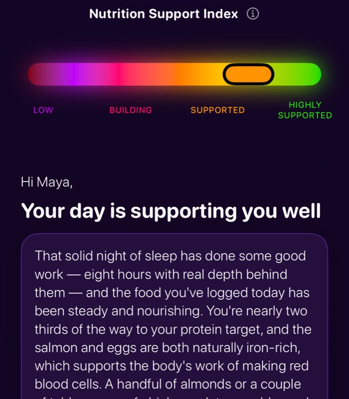 Home: the Nutrition Support Index at Supported, &ldquo;Your day is supporting you well&rdquo;, and the day&rsquo;s check-in.