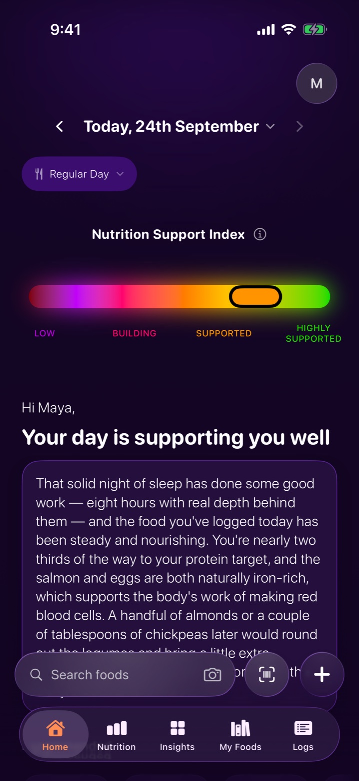 Hale & Hearty's Home screen: the Nutrition Support Index reading Supported, and a note on how the day is going.