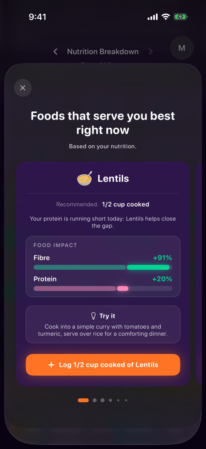 A suggested food, lentils, with how much it helps fibre and protein and a way to try it.