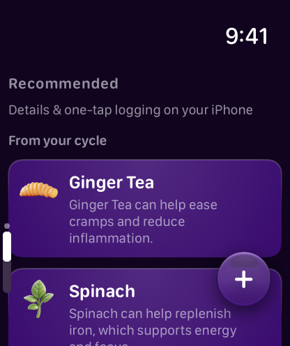 Suggestions from your cycle: ginger tea and spinach.