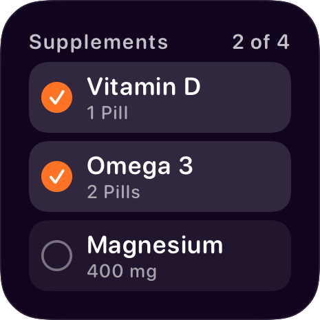 Supplements widget: favourites to tick off.